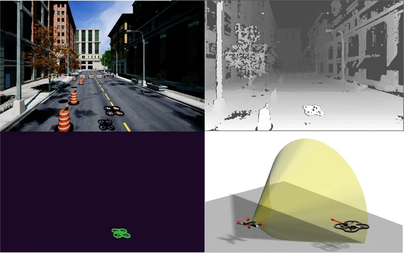 Depth image with a second drone segmented and localized in 3D by the onboard detector.