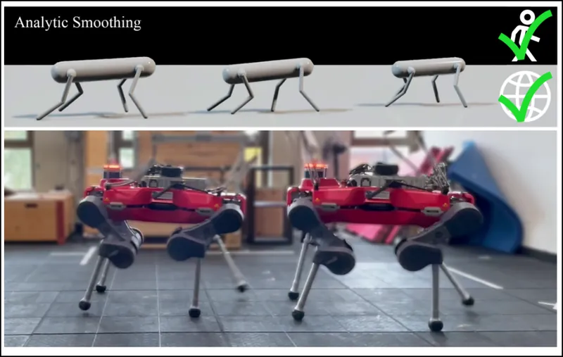 A quadruped walking under a control policy trained entirely inside a differentiable simulator.