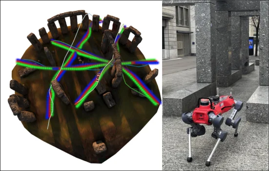 A quadrotor trajectory optimized directly through a Gaussian-splat reconstruction of a cluttered scene.