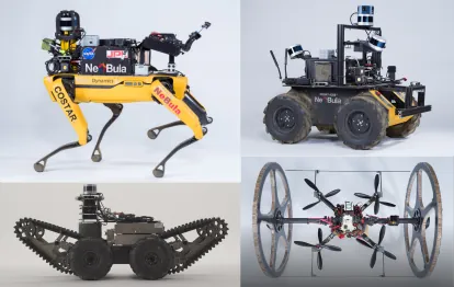 Team CoSTAR's fleet of wheeled, legged and aerial robots in the DARPA Subterranean Challenge.