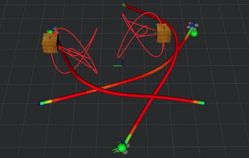 Several quadrotors flying through a shared space, each tracking the others with onboard cameras.