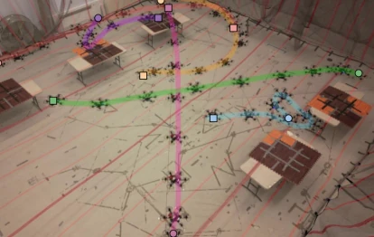 Two quadrotors negotiating overlapping trajectories despite delayed communication between them.
